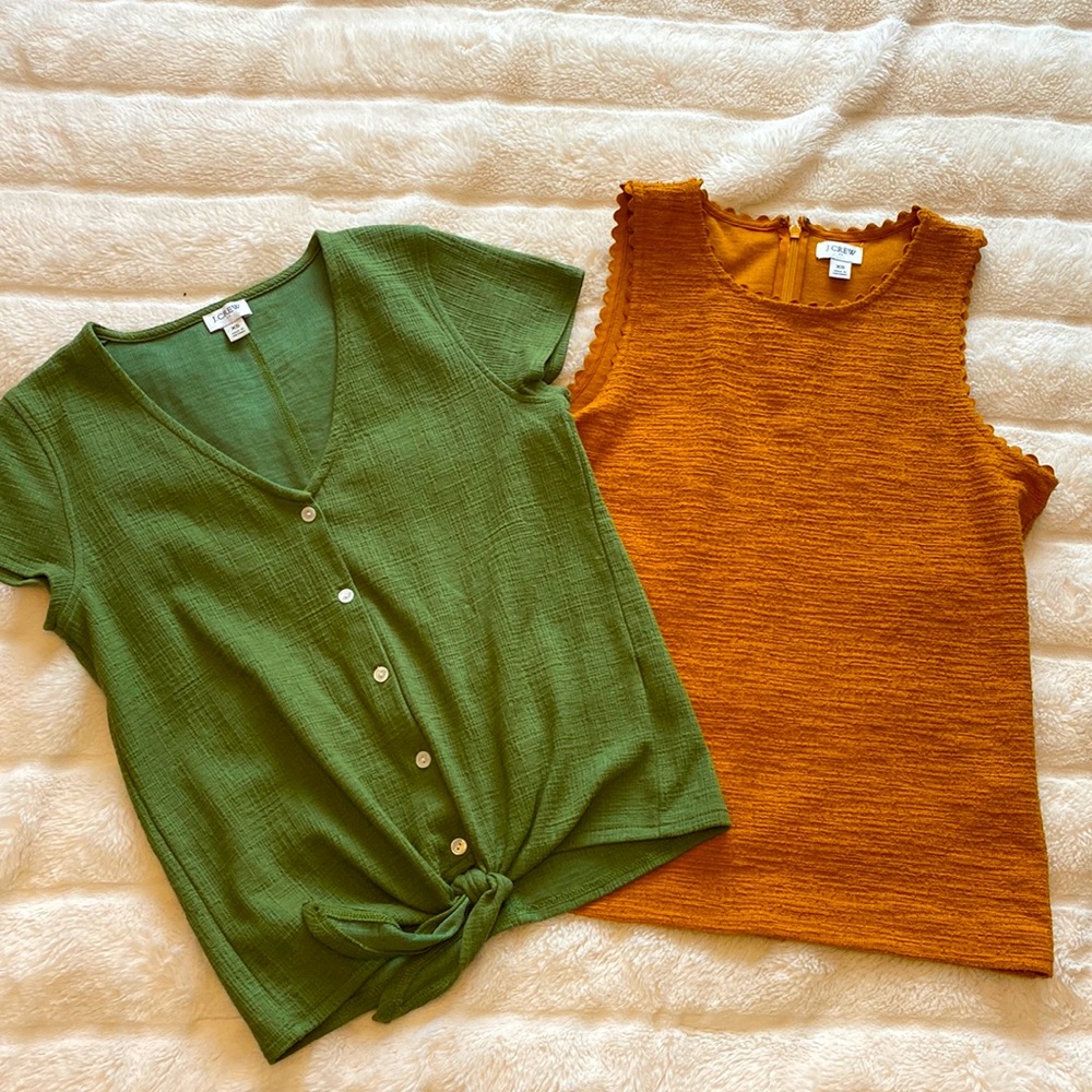 J. Crew Green Button-Front Tie Top & J. Crew Mustard Sleeveless Shell